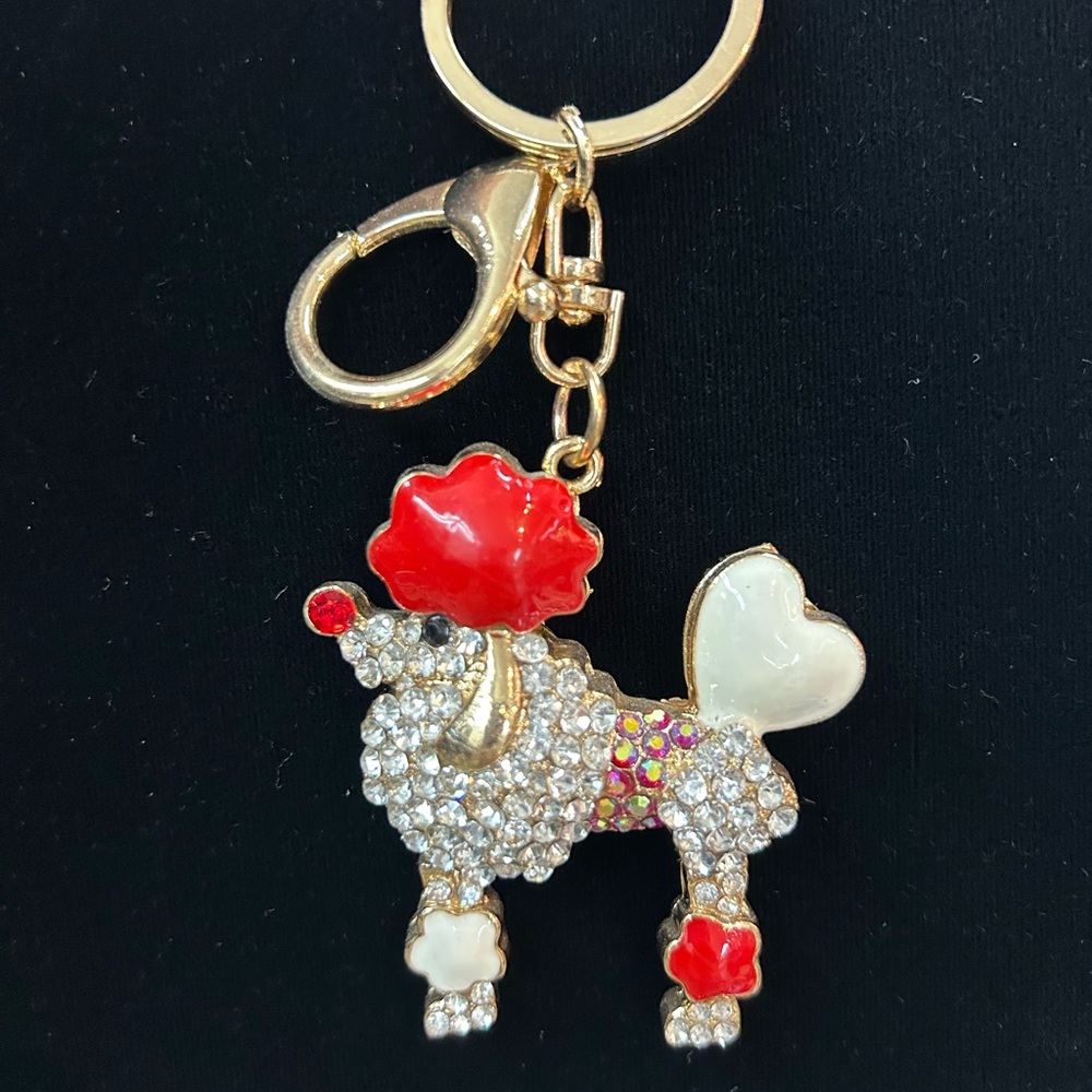 Sparkling Poodle Keychain with Red Accents